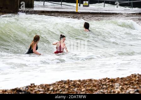 Shoreham, West Sussex, UK Dimanche 15 novembre 2020UK Météo: Les baigneurs en eau libre brave la mer dans le calme relatif de Shoreham Harbour, les conditions sont trop sauvages sur les plages exposées. Photo ©Julia Claxton crédit: Julia Claxton/Alay Live News Banque D'Images