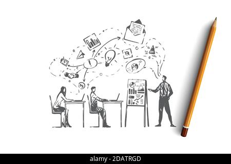 Formation, cours, personnes, classe, concept d'apprentissage. Vecteur isolé tracé à la main. Illustration de Vecteur