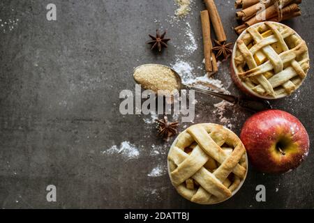Tarte aux pommes en treillis vue du dessus. Arrière-plan gris avec espace de copie. Idées de décoration de gâteau. Banque D'Images
