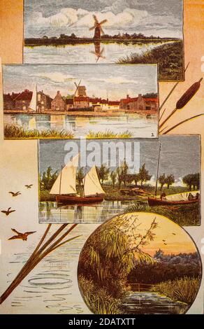 Un collage des Norfolk Broads, un réseau de rivières et de lacs pour la plupart navigables dans le comté anglais de Norfolk. Ils ont été formés par l'inondation de la tourbe de fonctionnement. Initialement considéré comme des caractéristiques naturelles du paysage, dans les années 1960, il a été prouvé qu'ils ont été inondés de fouilles médiévales de tourbe du Moyen-âge, quand les monastères locaux ont commencé à creuser les tourbières vendant du carburant à Norwich et à la grande Yarmouth. Lorsque le niveau de la mer a commencé à augmenter, les puits ont commencé à inonder le paysage de Broads d'aujourd'hui, avec ses moulins à vent, ses reedbeds et ses yachts. Banque D'Images