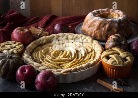 Tartes à dessert sur une table. Vue de dessus photo de diverses tourtes aux pommes, gâteaux et tartes, prunes fraîches, pommes et citrouilles. Idées de menu d'automne. Banque D'Images