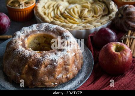 Tartes à dessert sur une table. Vue de dessus photo de diverses tourtes aux pommes, gâteaux et tartes, prunes fraîches, pommes et citrouilles. Idées de menu d'automne. Banque D'Images