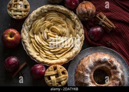Tartes aux pommes de différents types sur une table avec des fruits frais, des bâtonnets de cannelle et des citrouilles. Idées de menu d'automne. Dessert maison photo en gros plan. Banque D'Images
