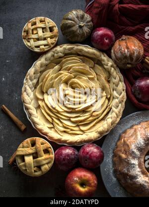 Tartes à dessert sur une table. Vue de dessus photo de diverses tourtes aux pommes, gâteaux et tartes, prunes fraîches, pommes et citrouilles. Idées de menu d'automne. Banque D'Images