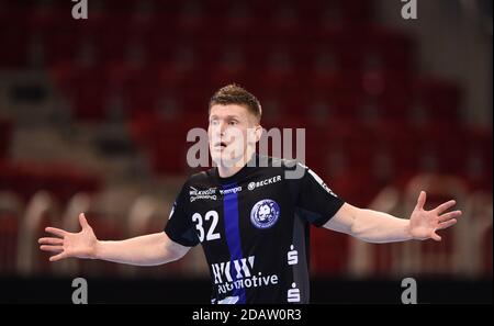 Düsseldorf, Allemagne. 15 novembre 2020. Handball: Bundesliga, Bergischer HC - THW Kiel, 8e jour de match, ISS Dome. Jeffrey Boomhouwer de Bergischer HC se réjouit pour un but. Credit: Jonas Güttler/dpa/Alay Live News Banque D'Images