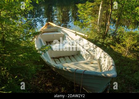 Vue d'un petit barque ou d'un petit skiff beached à côté d'un lac forestier à été, Finlande Banque D'Images