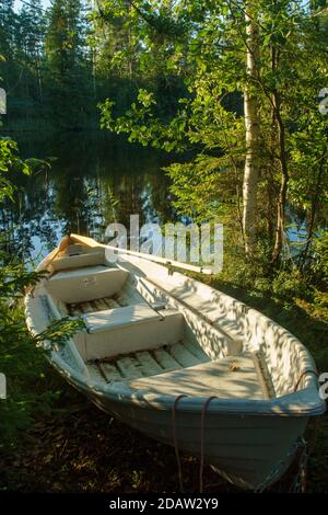 Vue d'un petit barque ou d'un petit skiff beached à côté d'un lac forestier à été, Finlande Banque D'Images