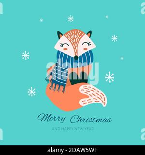 Joli renard de dessin animé en foulard avec flocons de neige. Carte de vœux de Noël. Illustration vectorielle. Illustration de Vecteur
