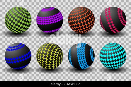 Boules noires avec un motif géométrique coloré sur fond transparent, orange, vert, rose. Illustration vectorielle, eps 10 Illustration de Vecteur