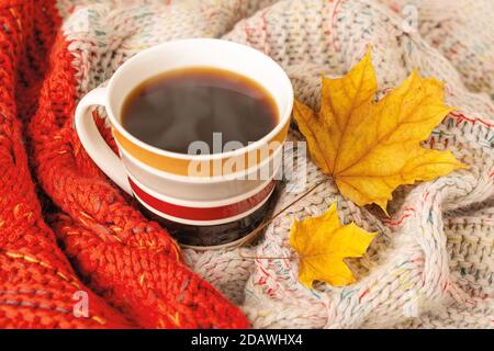 Tasse de café chaud à rayures enveloppée d'une écharpe tricotée beige rouge et de deux feuilles d'automne jaunes sèches. Concept d'ambiance agréable à l'automne. Vue de dessus. Banque D'Images