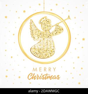 Ange volant avec trompette sur fond blanc, carte de joyeux Noël. Ange doré isolé avec silhouette de boule brillante d'étoile de trompette. Joyeux C Illustration de Vecteur