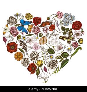 Coeur fleuri avec sac à main de berger coloré, bruyère, iris japonica, sakura, gitsophila, camomille, amande, fleur de pavot, calendula, morpho bleu Illustration de Vecteur