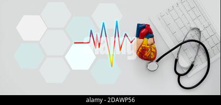 Stéthoscope, battements cardiaques, résultats de l'électrocardiogramme et modèle anatomique du coeur, plan. bannière médicale, concept de soins de santé et cardiologie Banque D'Images
