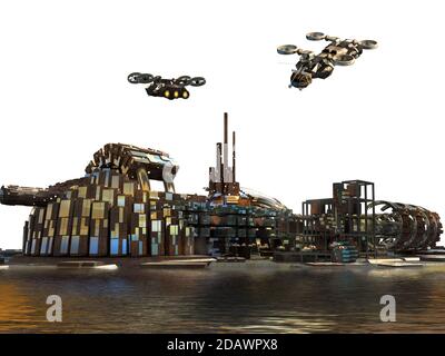 Horizon de la ville de Marina avec architecture futuriste, structures métalliques, et avions planant, pour les milieux de la science-fiction, avec le profil clipp Banque D'Images