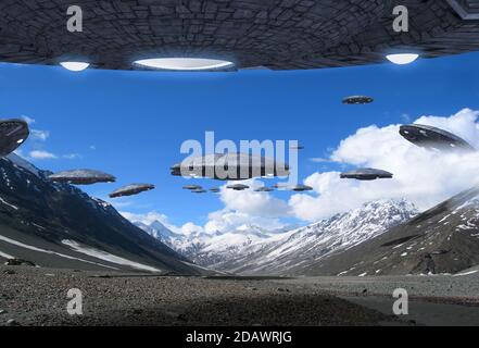 3D Illustration d'une flotte d'OVNIS extraterrestres volant dans les montagnes de l'Himalaya, pour des arrière-plans futuristes, fantaisie et jeu de guerre. Banque D'Images