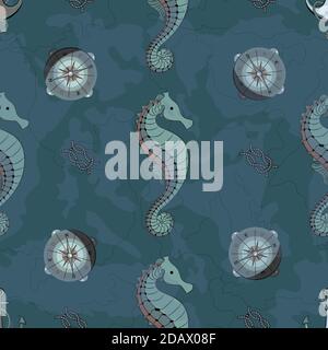 Motif pour garçon. Thème marin. Motif sans couture avec hippocampe et boussole. Contours de la carte du monde. Illustration de Vecteur