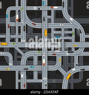 Carrefours sur fond sombre avec voitures, vue du dessus sans couture Illustration de Vecteur