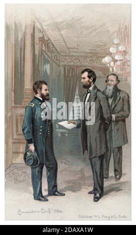 Le président Abraham Lincoln remet au général Ulysses S. Grant un ordre le nommant commandant en chef de l'Armée de l'Union. ÉTATS-UNIS. 1864 Banque D'Images