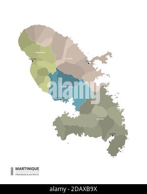 Martinique carte détaillée avec subdivisions. Carte administrative de la Martinique avec le nom des districts et des villes, coloré par les États et l'administration Illustration de Vecteur