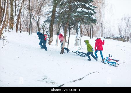 Lviv, Ukraine - 5 janvier 2019: Les enfants garçons amis tirant en traîneau à la colline escarpée Banque D'Images