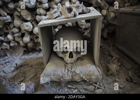 Crâne humain en boîte au cimetière Fontanelle (Cimitero delle Fontanelle) de Naples, Campanie, Italie. L'ancienne maison de charnel (ossuary) située dans une grotte dans le district de Materdei était l'endroit où le culte spontané de la dévotion aux restes de morts sans nom s'est développé à Naples. Les défenseurs du culte ont payé des visites aux crânes sans nom dans l'ossuaire pour les adopter et même donner les noms des crânes. Les crânes adoptés ont été placés à l'intérieur de la boîte décorée et sont devenus l'objet de prières régulières et d'offrande votive. Banque D'Images