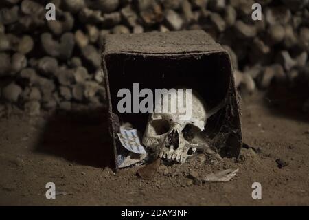 Crâne humain en boîte au cimetière Fontanelle (Cimitero delle Fontanelle) de Naples, Campanie, Italie. L'ancienne maison de charnel (ossuary) située dans une grotte dans le district de Materdei était l'endroit où le culte spontané de la dévotion aux restes de morts sans nom s'est développé à Naples. Les défenseurs du culte ont payé des visites aux crânes sans nom dans l'ossuaire pour les adopter et même donner les noms des crânes. Les crânes adoptés ont été placés à l'intérieur de la boîte décorée et sont devenus l'objet de prières régulières et d'offrande votive. Banque D'Images