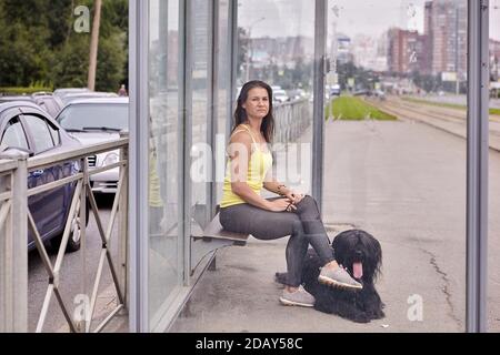 Une jeune femme et un briard noir s'assoient à l'arrêt de tramway sur la rue de la ville. Banque D'Images