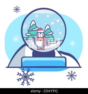 Pingouin en boule de verre sur fond blanc isolé. Carte postale de Noël pour invitation ou carte-cadeau, carnet, carreaux de bain, album. Étui ou tissu pour téléphone Illustration de Vecteur