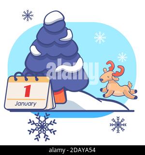 Cerf et sapin sur fond blanc isolé. Carte postale de Noël pour invitation ou carte-cadeau, carnet, carrelage de bain, album. Étui de téléphone ou cl Illustration de Vecteur