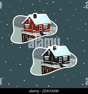 Maisons scandinaves en bois rouges et noires dessinées à la main avec des rochers, neige en hiver sur fond bleu Illustration de Vecteur