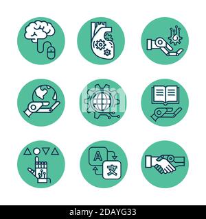 Ensemble d'icônes robotiques linéaires vectorielles colorées et d'intelligence artificielle isolées sur un fond blanc. SPE 10. Illustration de Vecteur