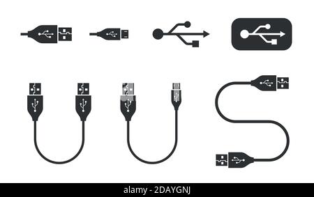 Icônes USB et différents symboles vectoriels de câble et d'adaptateur pour standard normal et micro-industrie Illustration de Vecteur