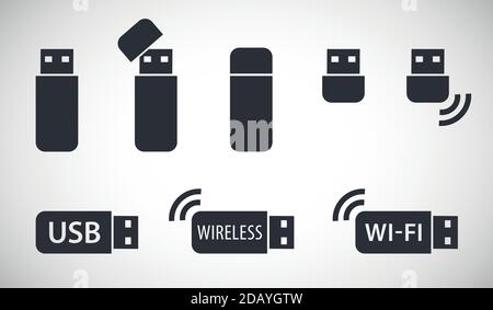 Différentes icônes vectorielles de clé USB et connexion de clé wi-fi sans fil symboles Illustration de Vecteur