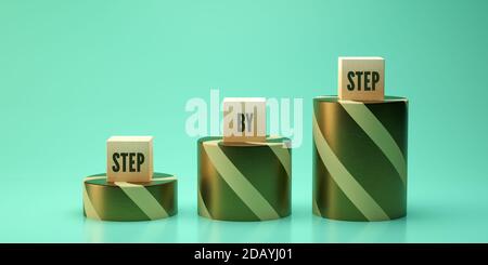 Cubes avec message ÉTAPE PAR ÉTAPE sur les piliers colorés formant un escalier - illustration 3d Banque D'Images