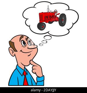 Penser à un tracteur : illustration d'un homme pensant à un nouveau tracteur. Illustration de Vecteur