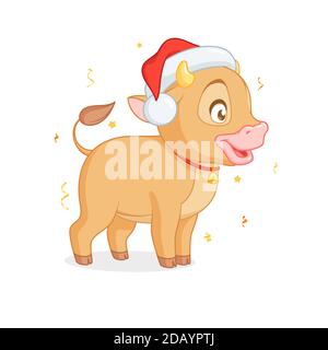 Joli petit taureau dans le chapeau Santas debout. Vecteur de dessin animé sur fond blanc. Illustration de Vecteur