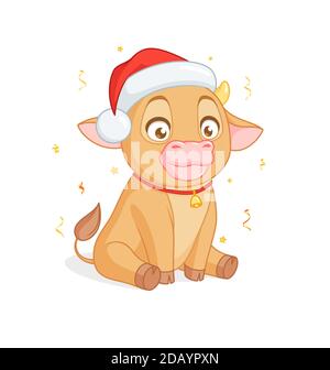 Joli petit taureau dans Santas chapeau assis. Vecteur de dessin animé sur fond blanc. Illustration de Vecteur
