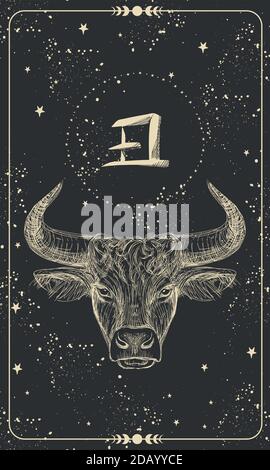 Bonne année 2021 de l'Ox, Ox-Taurus. Dessin linéaire sur fond noir, tarot, tatouage, horoscope chinois, astrologie et signes du zodiaque. Illustration vectorielle pour affiche, couverture, calendrier, logo Illustration de Vecteur