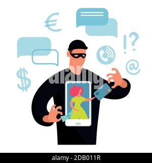 Illustration conceptuelle de la fraude en ligne, de la cybercriminalité, du piratage de données. La fille à l'écran le téléphone et la silhouette sombre d'un fraudeur qui vole de l'argent et une carte bancaire. Illustration vectorielle plate Illustration de Vecteur