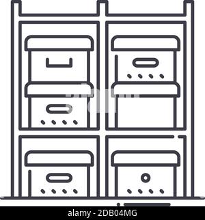 Étagère avec icône de cases, illustration isolée linéaire, vecteur de ligne mince, signe de conception de Web, symbole de concept de contour avec contour modifiable sur blanc Illustration de Vecteur