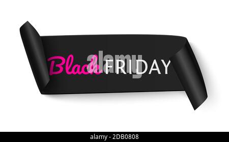 Black friday solde papier incurvé ruban bannière réaliste illustration vectorielle. Ruban noir pour la vente et la promotion circulaire, affiche et bannières Illustration de Vecteur