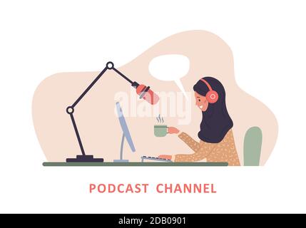 Concept de podcast. Femme islamique dans un casque à la table enregistrant la diffusion audio. Illustration de Vecteur