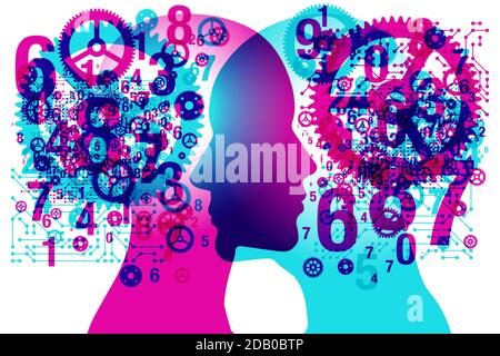 Une silhouette latérale mâle et femelle positionnée face à face, superposée à un ensemble aléatoire de formes, d'engrenages et de nombres. Illustration de Vecteur