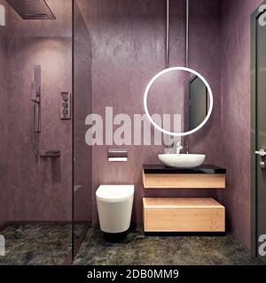 Décoration intérieure moderne avec meuble de toilette, murs mauve avec miroirs ronds, concept minimaliste et épuré, rendu 3d Banque D'Images