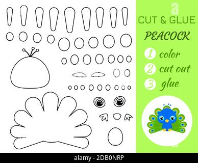 Simple jeu éducatif coloriage page couper et la colle bébé paon assis pour les enfants. Jeu de papier éducatif pour les enfants d'âge préscolaire. Couleur, pièces coupées et Illustration de Vecteur