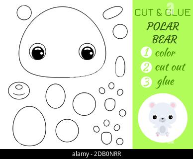 Simple jeu éducatif coloriage page couper et de la colle bébé ours polaire assis pour les enfants. Jeu de papier éducatif pour les enfants d'âge préscolaire. Couleur, couper les pièces a Illustration de Vecteur