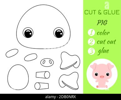 Simple jeu éducatif coloriage page couper et la colle assis bébé cochon pour les enfants. Jeu de papier éducatif pour les enfants d'âge préscolaire. Couleur, pièces coupées et colle Illustration de Vecteur