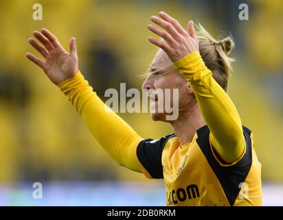 Dresden, Germany. 15th Nov, 2020. Football: 3rd division, SG Dynamo Dresden  - TSV 1860 Munich, 10th matchday, at the Rudolf-Harbig-Stadium Dynamos  Yannick Stark (3rd from left) cheers after his goal for 1:1