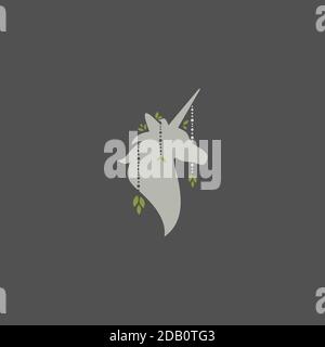 Magnifique carte boho avec silhouette de tête de licorne avec perles et feuilles vertes. Composition nature sauvage sur gris. Illustration ethnique. Fantaisie, fée Illustration de Vecteur