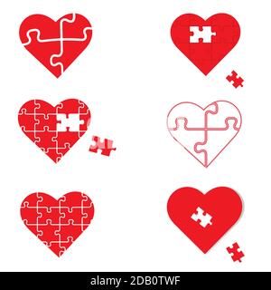 Ensemble de coeurs rouges avec pièces de puzzle, isolé sur fond blanc. Amour, médical, symbole de relation. Sensibilisation à l'autisme. Saint Valentin. Illustration de Vecteur